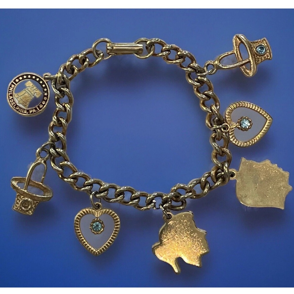 Vintage Lot Charm Bracelet Philadelphia Bell Kids Hearts + Rhinestones Pin 1960